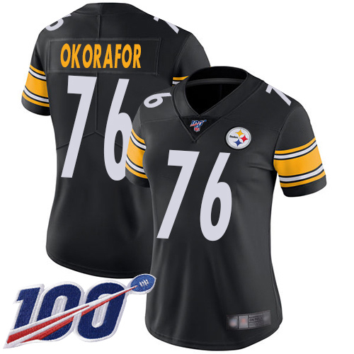 Women Pittsburgh Steelers Football #76 Limited Black Chukwuma Okorafor Home 100th Season Vapor Untouchable Nike NFL Jersey